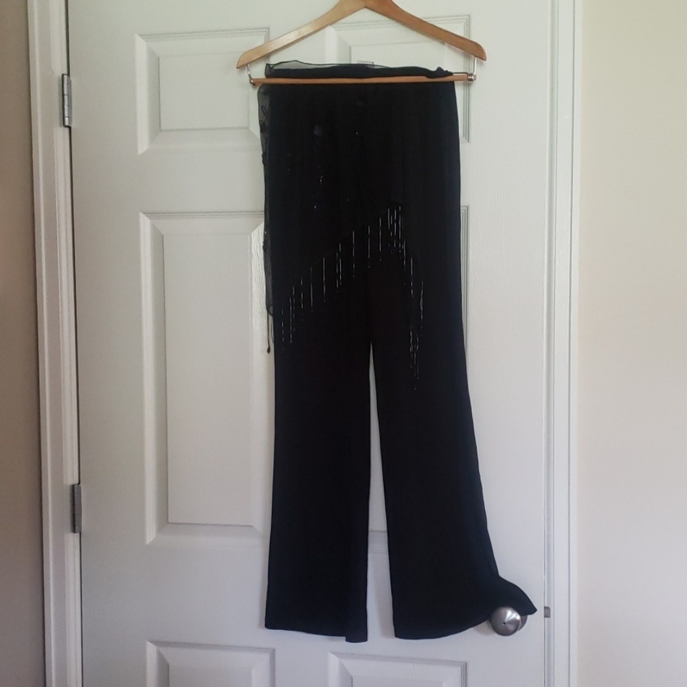 Black Stretch Pants Attached Beaded Scarf Med
